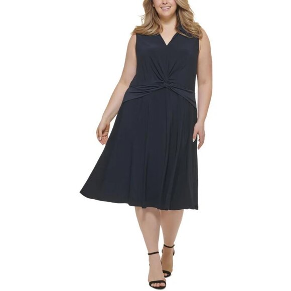 NWT TOMMY HILFIGER Twist-Front Midi Fit & Flare Prom Dress Size16W Sky Captain - Picture 1 of 6